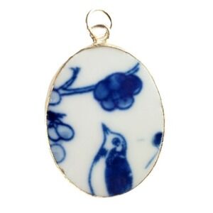 Blue & White Bird and Floral Pottery Shard Pendant Vintage Chinoiserie Porcelain
